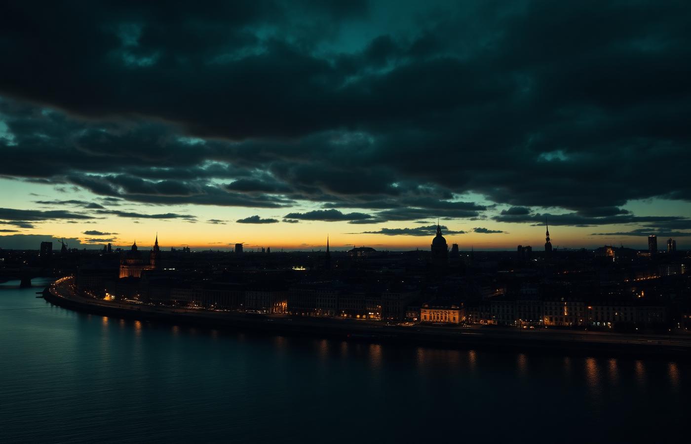 European city skyline at dusk under dark storm clouds