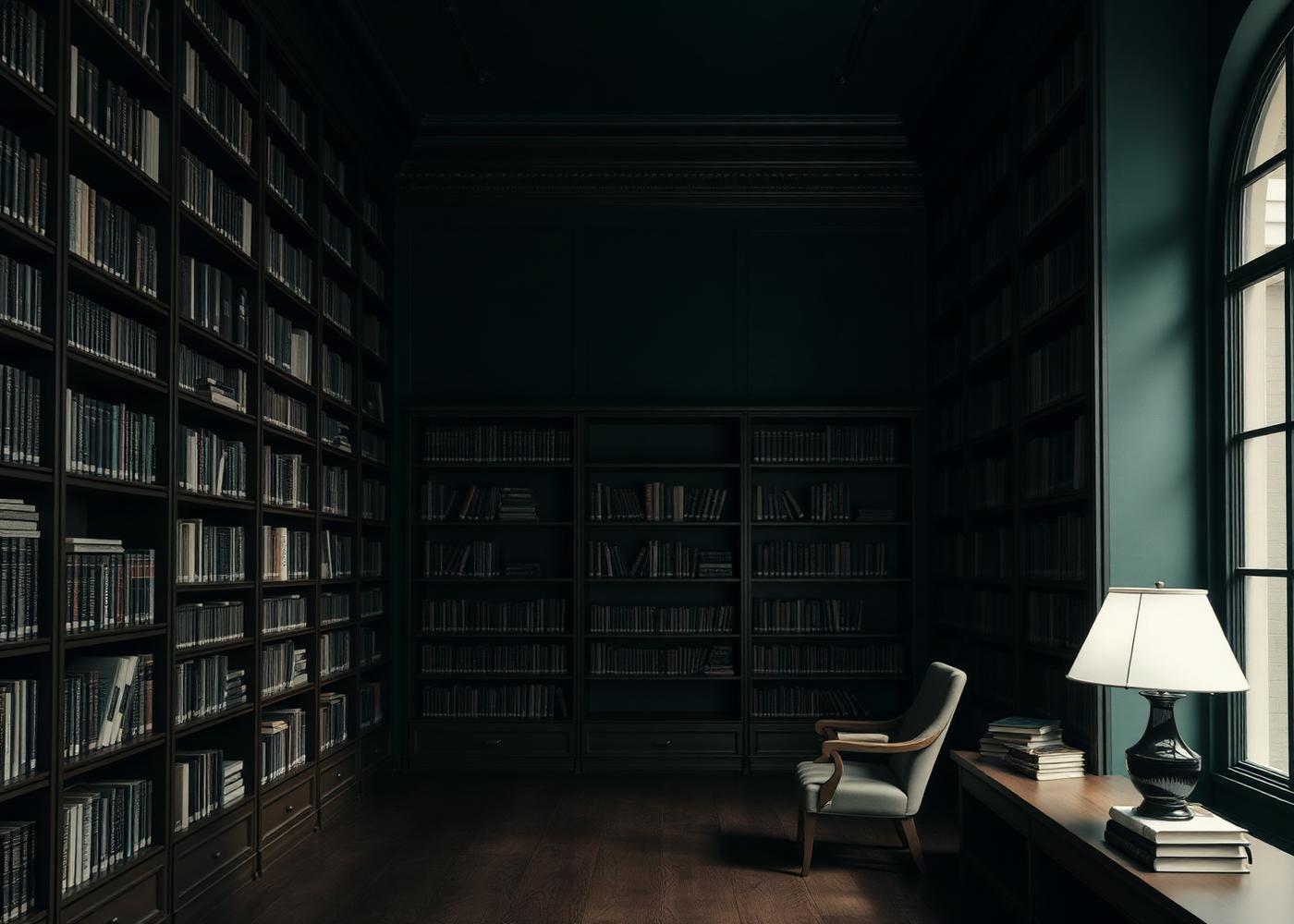 Dark bottle-green library-study with tall bookshelves and a single reading lamp
